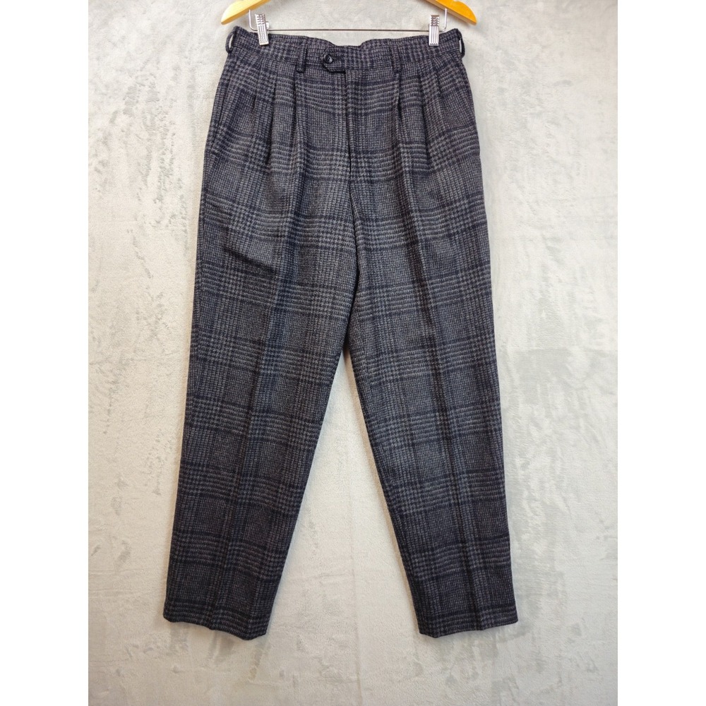Valentino Uomo 31X30 Dress Pants Charcoal Gray Pleated Wool Houndstooth Plaid